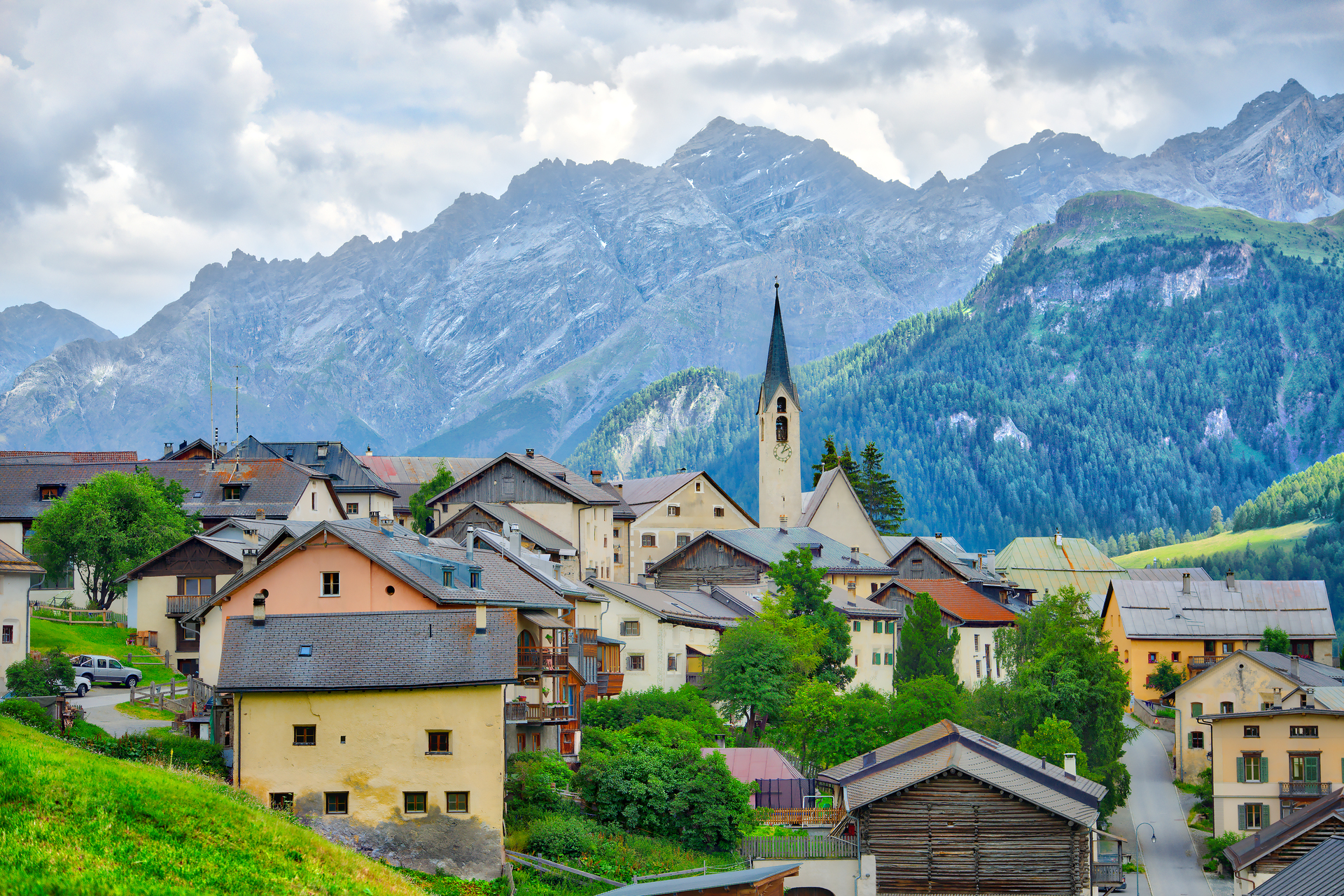 The hillside village of Guarda in the Swiss Alps